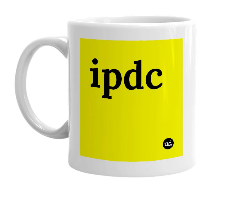 White mug with 'ipdc' in bold black letters
