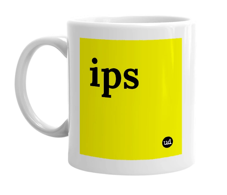 White mug with 'ips' in bold black letters