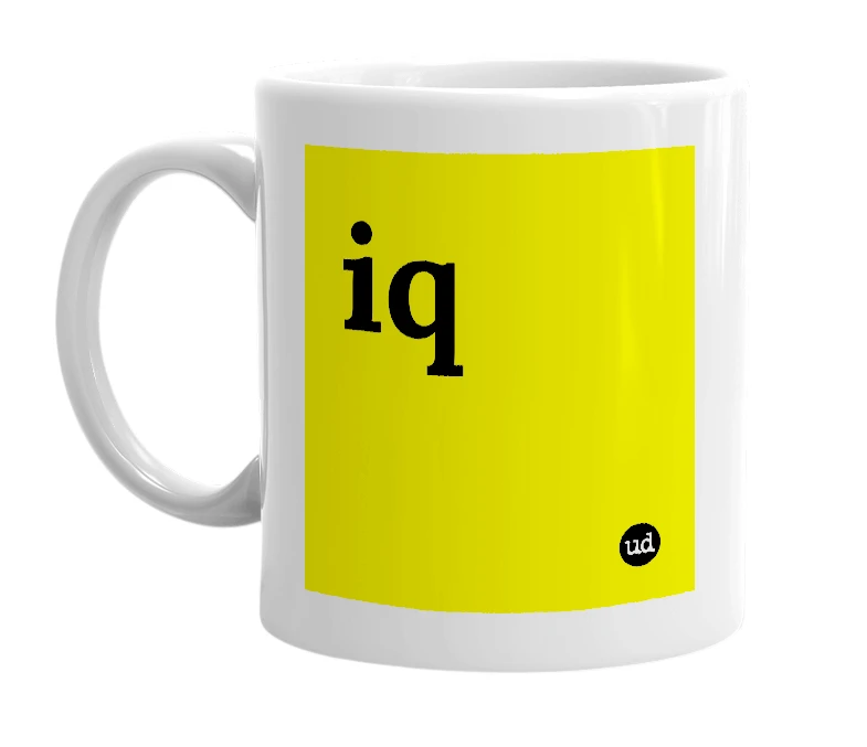 White mug with 'iq' in bold black letters