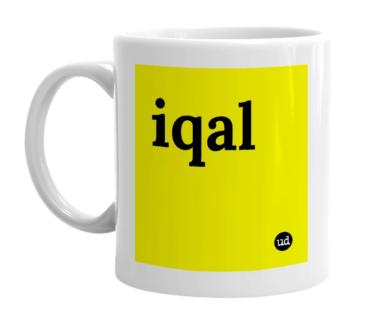 White mug with 'iqal' in bold black letters