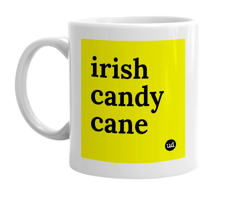 White mug with 'irish candy cane' in bold black letters