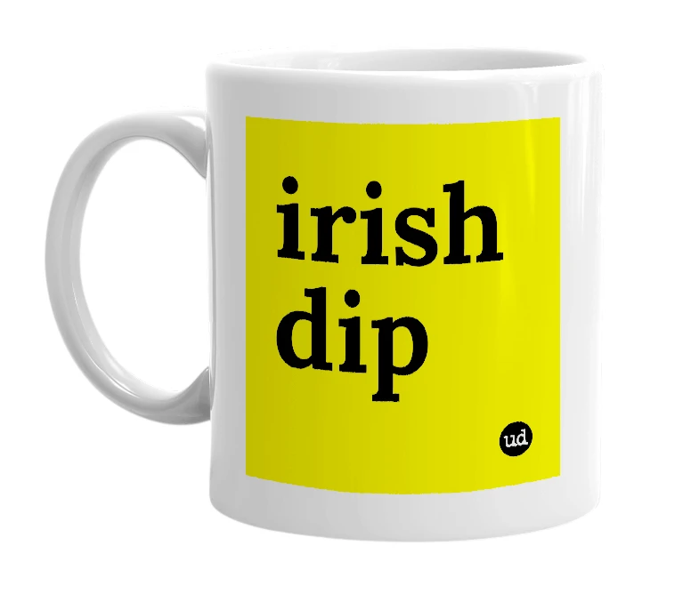 White mug with 'irish dip' in bold black letters
