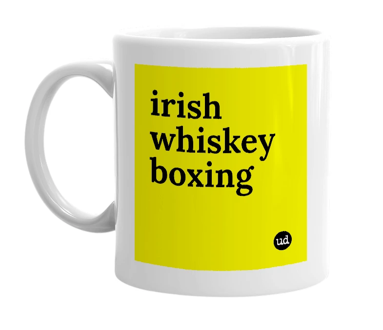 White mug with 'irish whiskey boxing' in bold black letters
