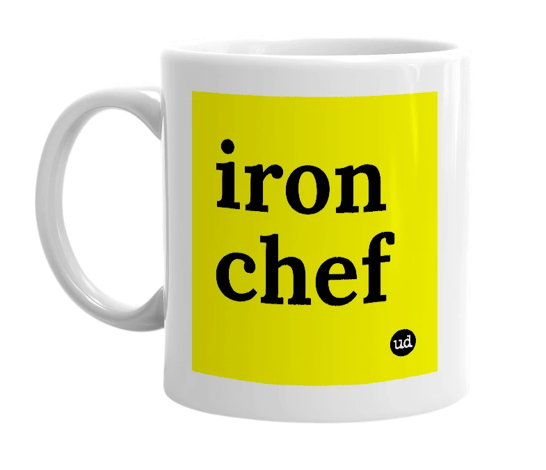 White mug with 'iron chef' in bold black letters