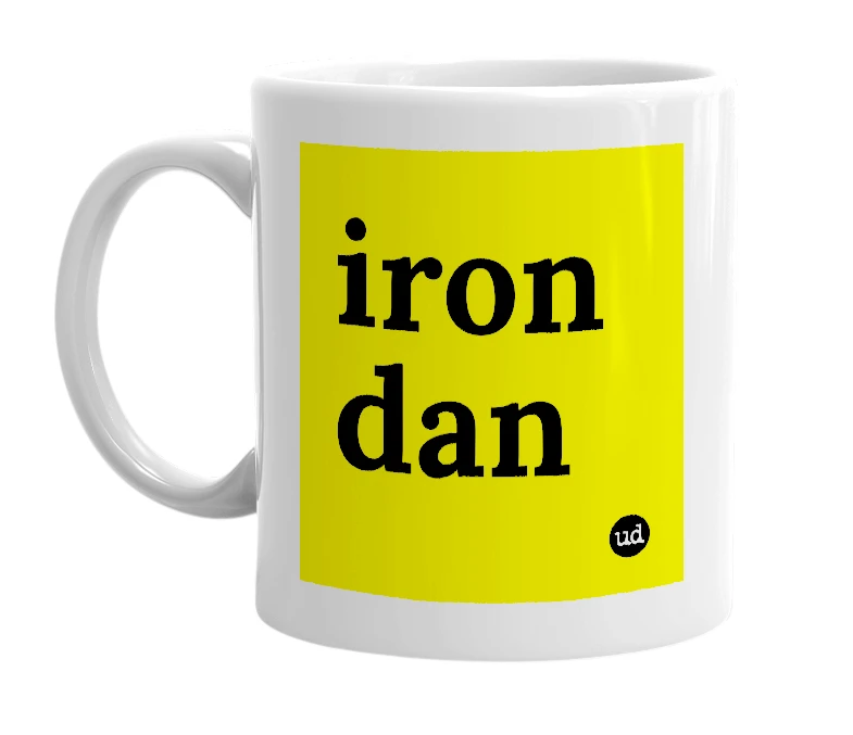 White mug with 'iron dan' in bold black letters