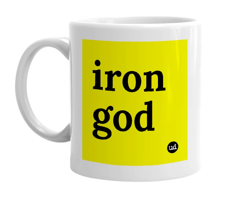 White mug with 'iron god' in bold black letters