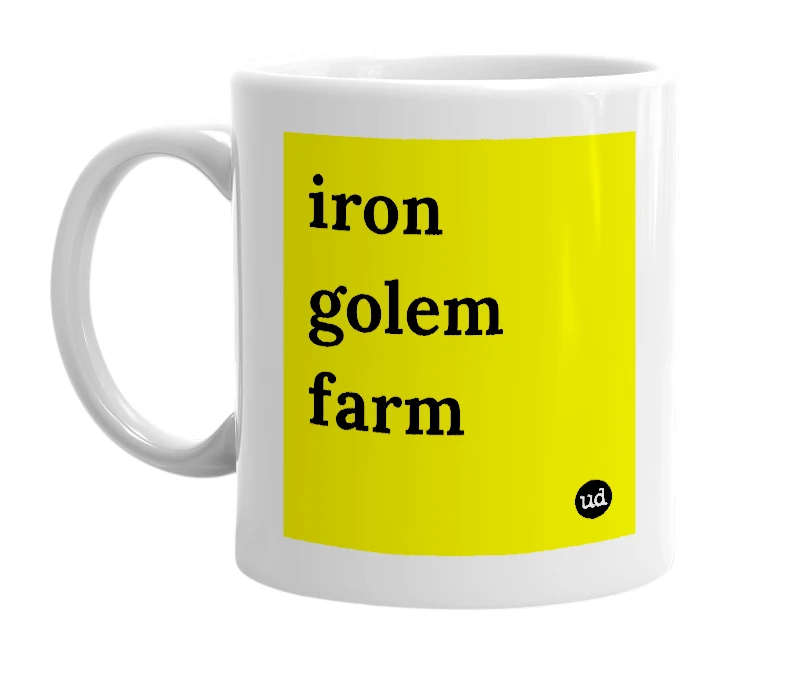 White mug with 'iron golem farm' in bold black letters