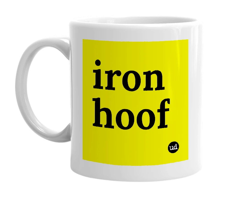 White mug with 'iron hoof' in bold black letters