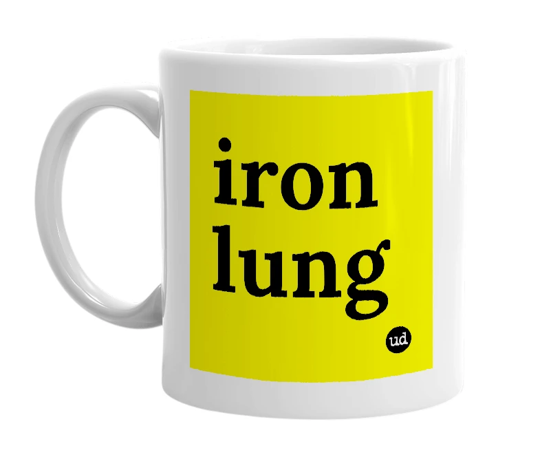 White mug with 'iron lung' in bold black letters