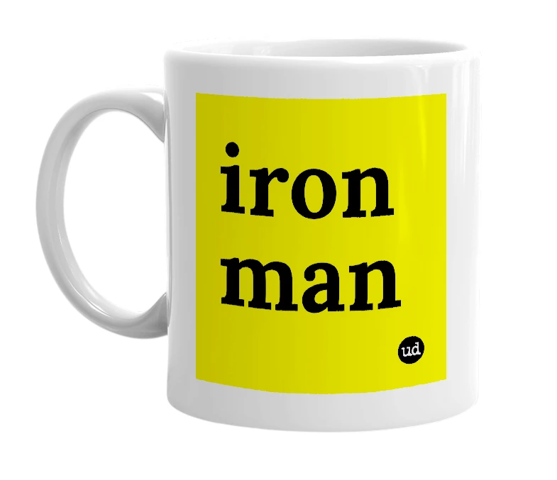 White mug with 'iron man' in bold black letters