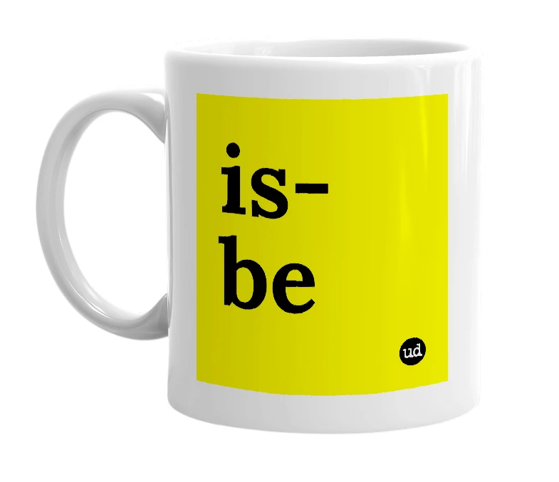 White mug with 'is-be' in bold black letters