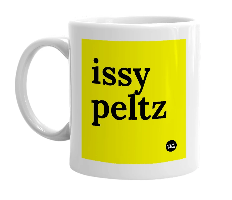 White mug with 'issy peltz' in bold black letters