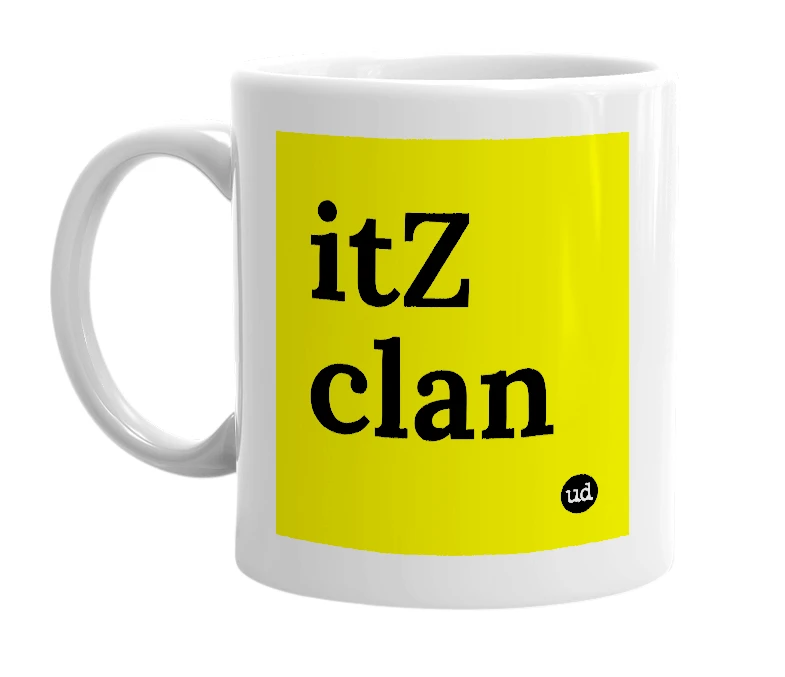 White mug with 'itZ clan' in bold black letters
