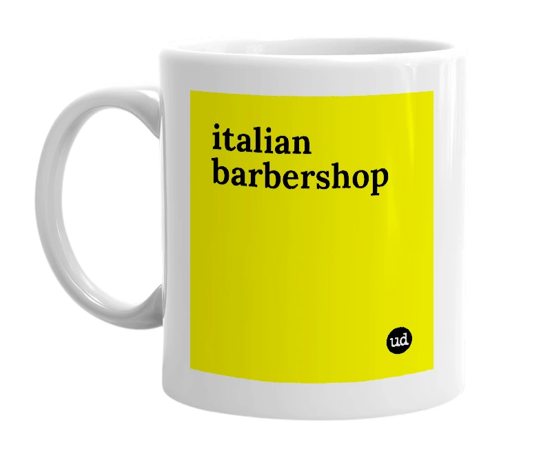 White mug with 'italian barbershop' in bold black letters