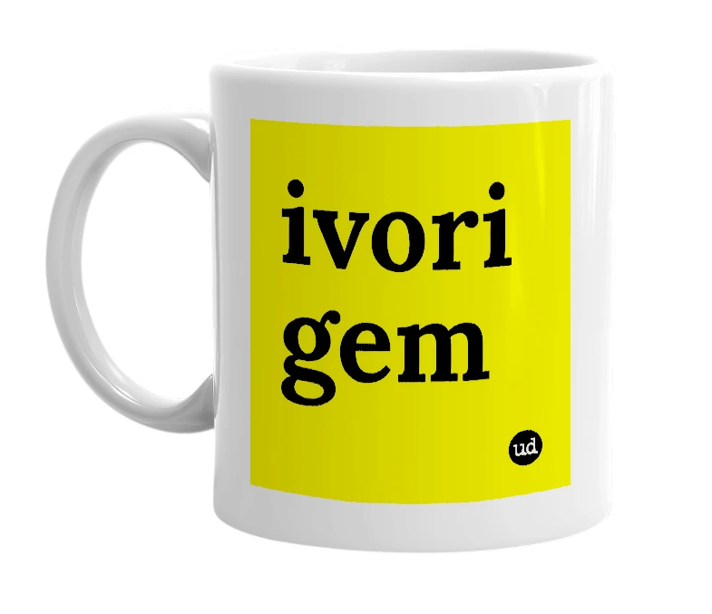 White mug with 'ivori gem' in bold black letters