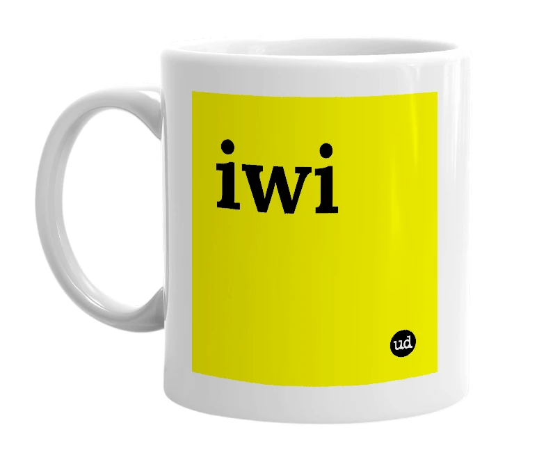 White mug with 'iwi' in bold black letters