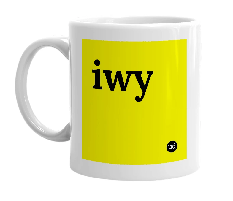 White mug with 'iwy' in bold black letters