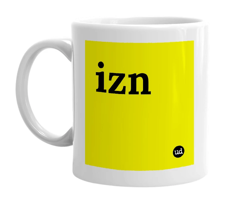 White mug with 'izn' in bold black letters