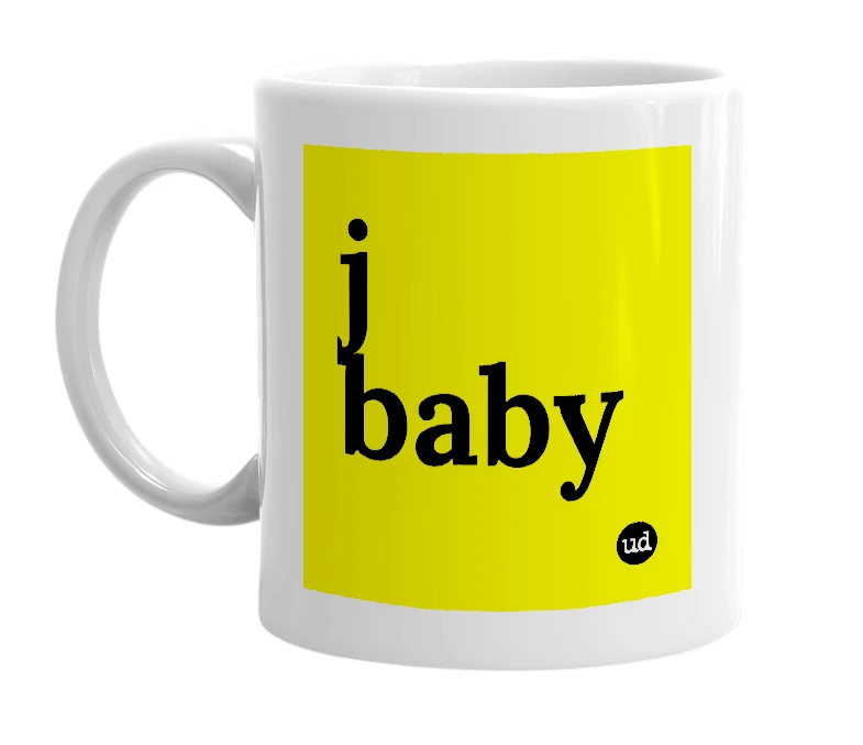 White mug with 'j baby' in bold black letters