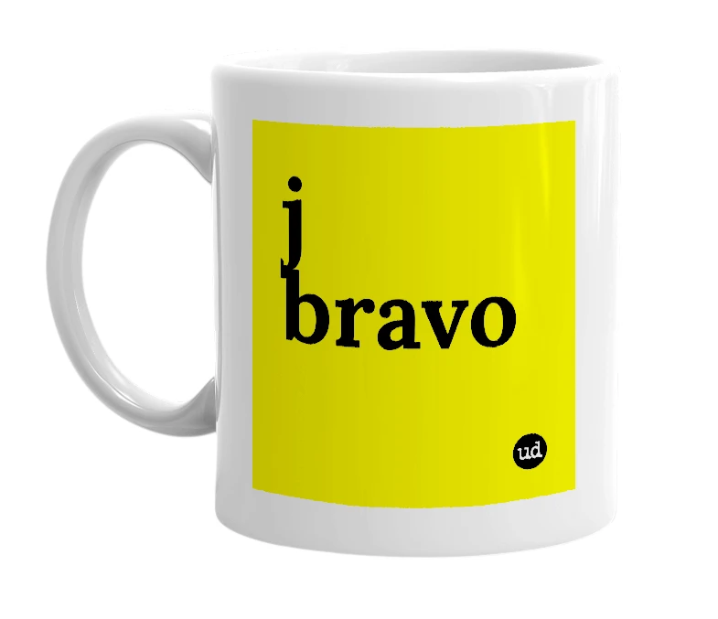 White mug with 'j bravo' in bold black letters