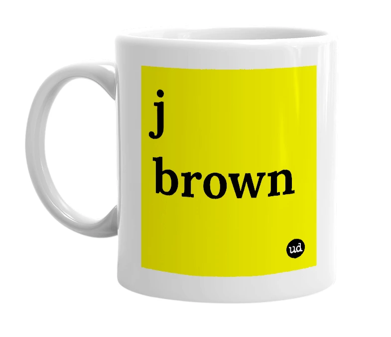 White mug with 'j brown' in bold black letters