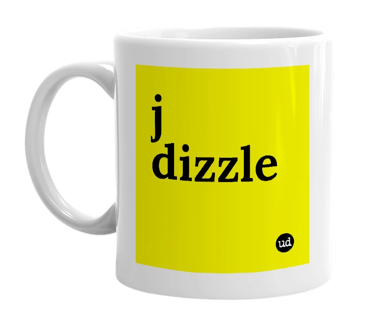 White mug with 'j dizzle' in bold black letters