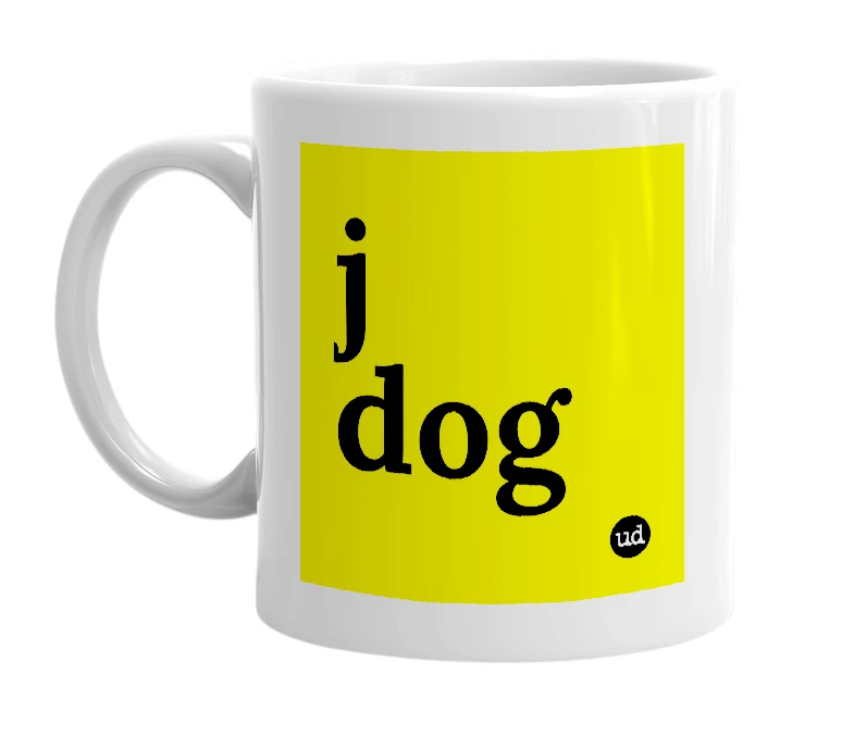 White mug with 'j dog' in bold black letters