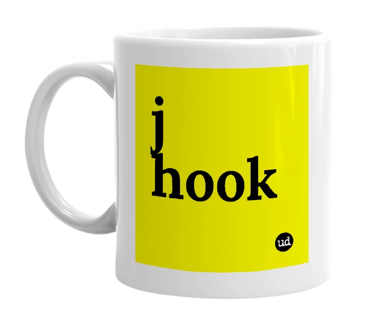 White mug with 'j hook' in bold black letters