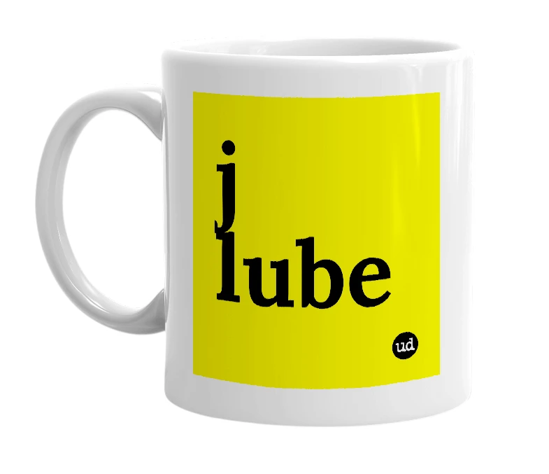 White mug with 'j lube' in bold black letters