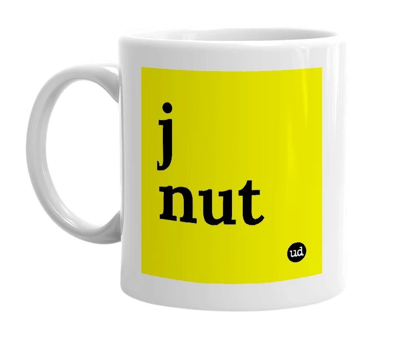 White mug with 'j nut' in bold black letters