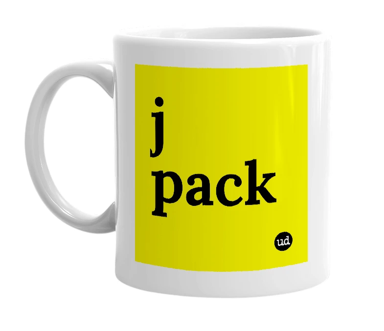 White mug with 'j pack' in bold black letters