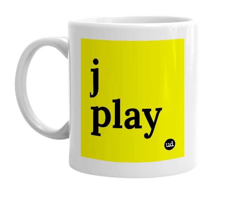 White mug with 'j play' in bold black letters