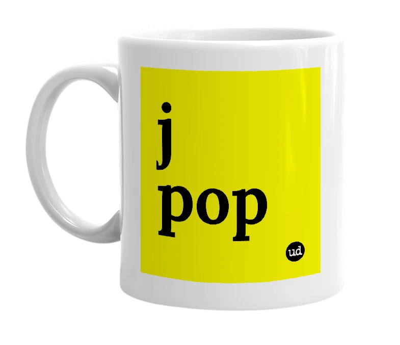 White mug with 'j pop' in bold black letters