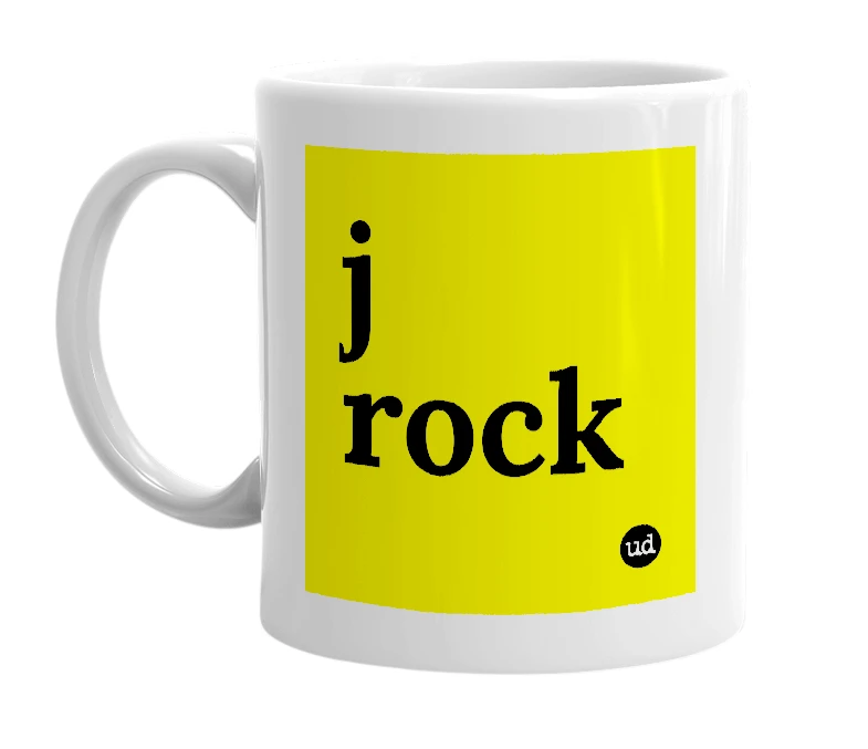 White mug with 'j rock' in bold black letters