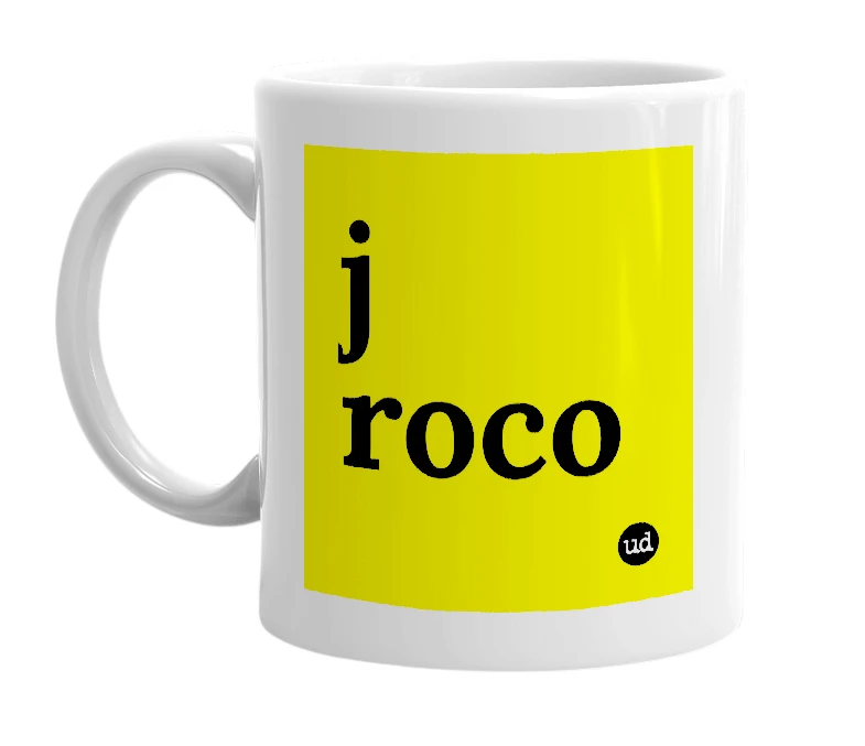 White mug with 'j roco' in bold black letters