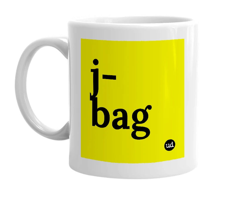 White mug with 'j-bag' in bold black letters