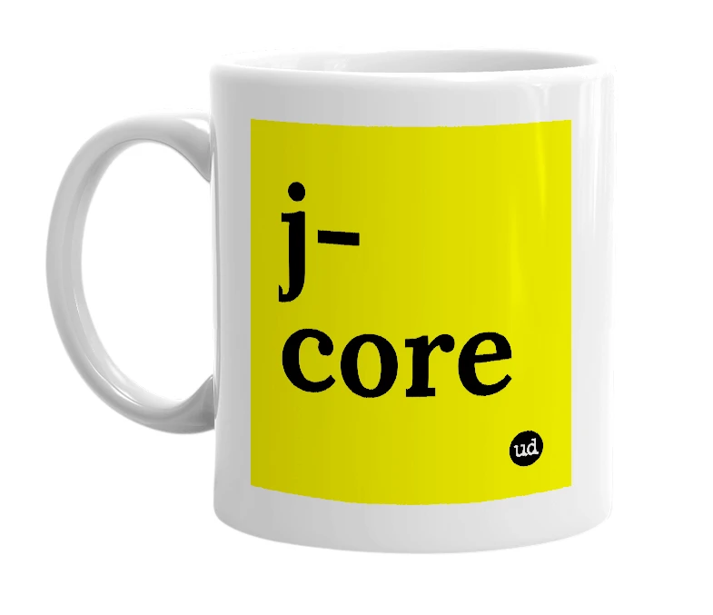 White mug with 'j-core' in bold black letters