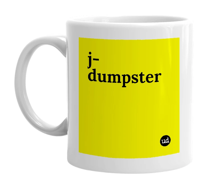 White mug with 'j-dumpster' in bold black letters