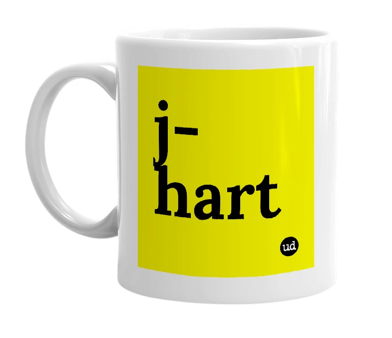 White mug with 'j-hart' in bold black letters