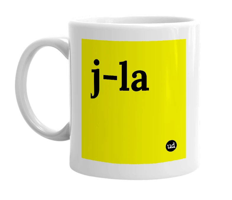 White mug with 'j-la' in bold black letters
