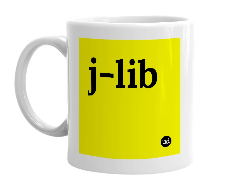 White mug with 'j-lib' in bold black letters