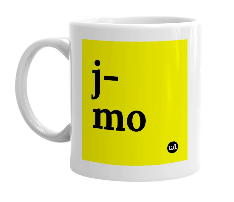 White mug with 'j-mo' in bold black letters