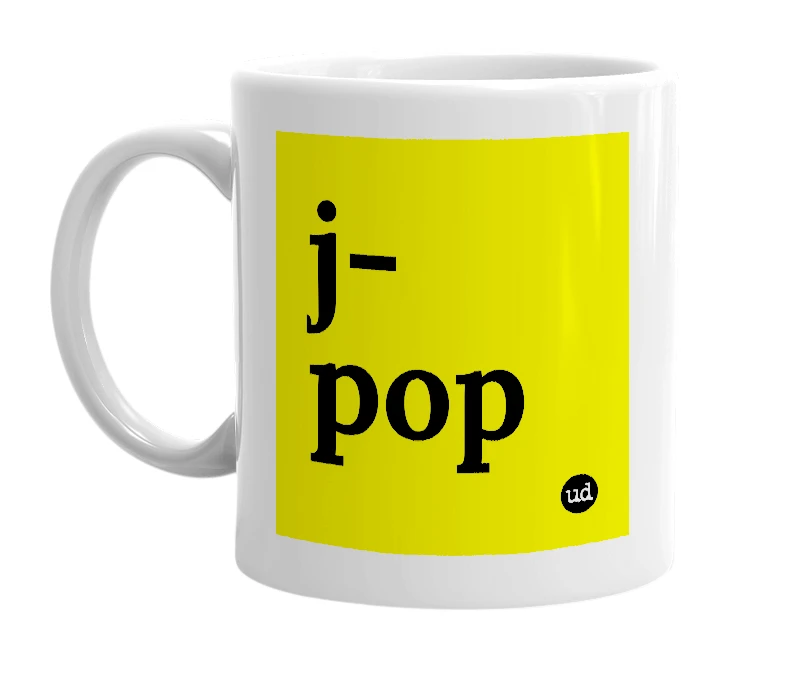 White mug with 'j-pop' in bold black letters
