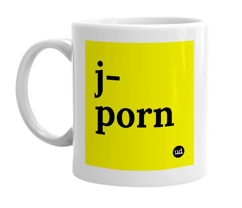 White mug with 'j-porn' in bold black letters