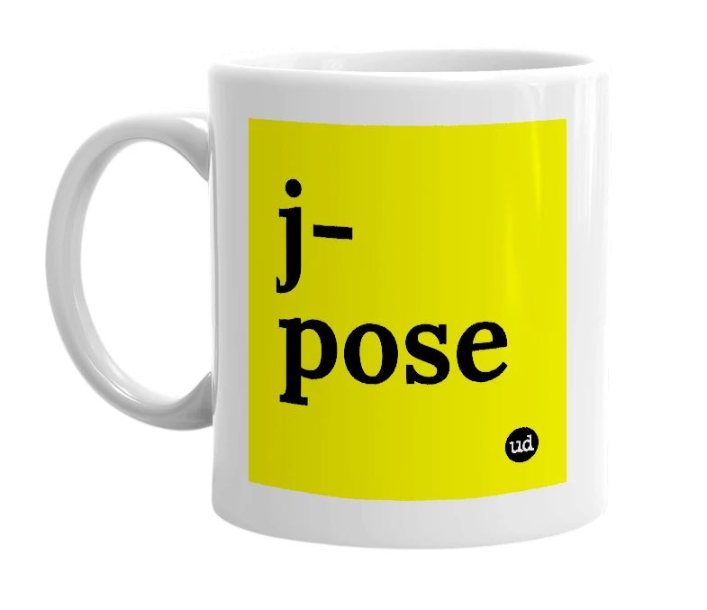 White mug with 'j-pose' in bold black letters