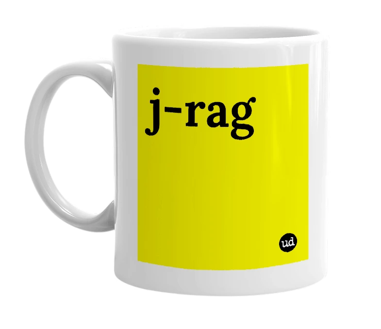 White mug with 'j-rag' in bold black letters