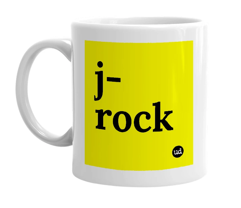 White mug with 'j-rock' in bold black letters