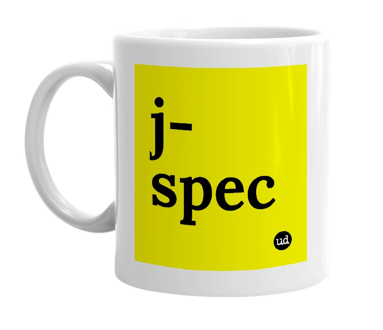 White mug with 'j-spec' in bold black letters