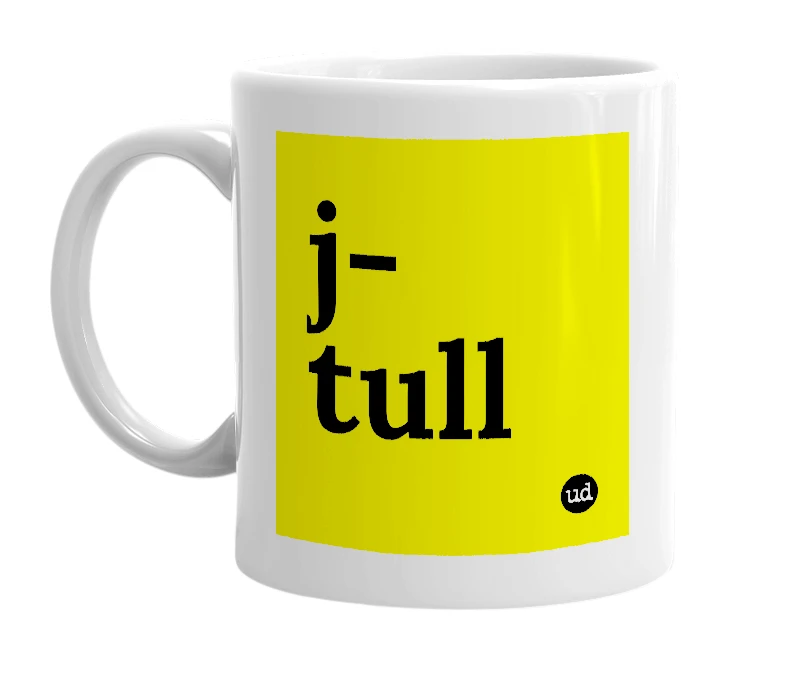 White mug with 'j-tull' in bold black letters