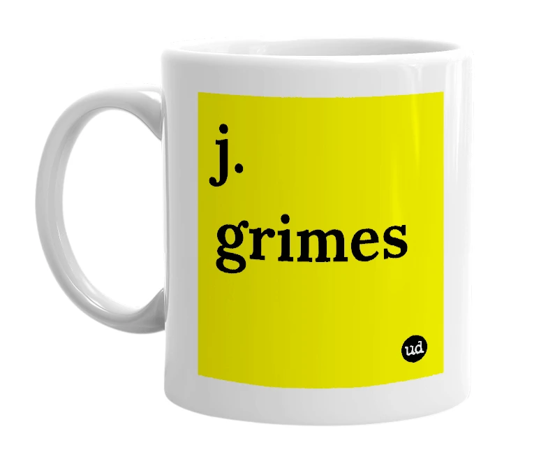 White mug with 'j. grimes' in bold black letters